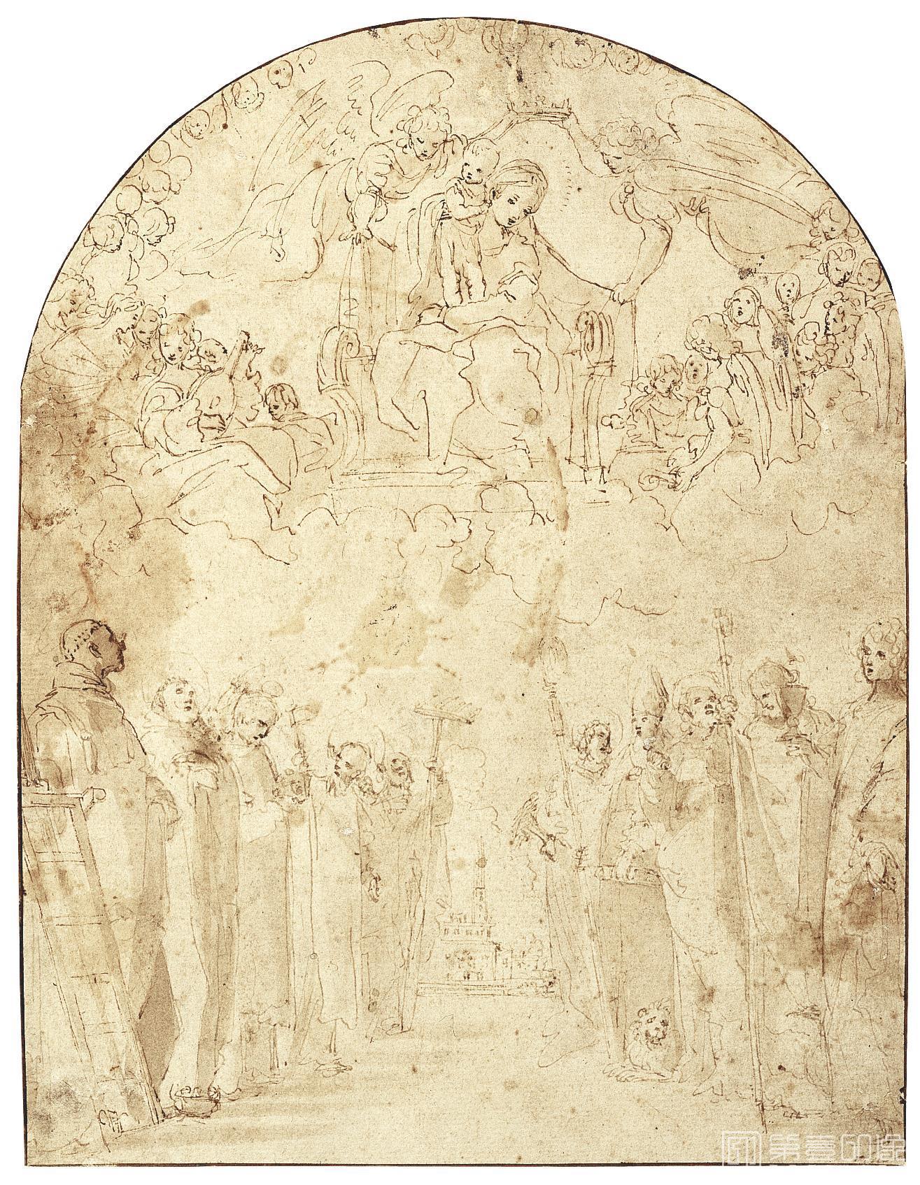 素描-西班牙普拉多美术馆素描藏画-Carracci, Ludovico-La Virgen y el Nino entronizados apareciendose a diez santos-0804